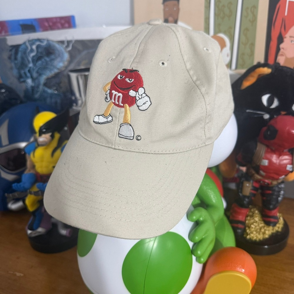 M&Ms Red Character Embroidered Khaki Tan Baseball Cap Dad Hat Vintage Style